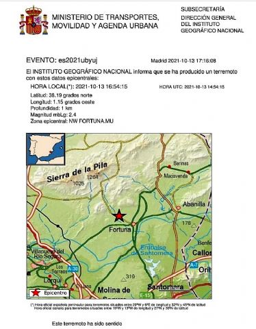 El Instituto Geográfico Nacional informa de movimiento sísmico de magnitud 2.4 en el Noroeste de Fortuna